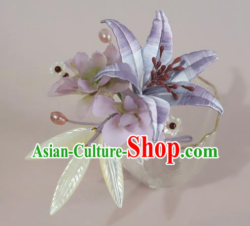 Chinese Ancient Princess Shell Leaf Hair Clip Traditional Hair Accessories Lilac Silk Lily Flower Hairpin