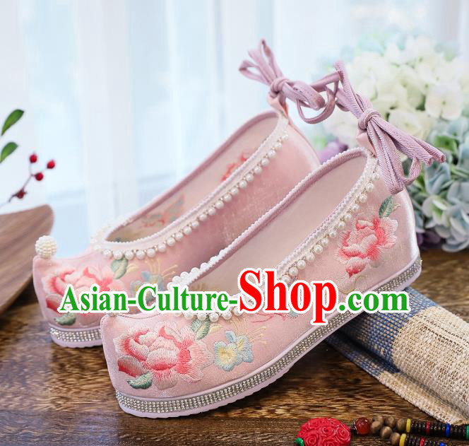 China Handmade Pink Satin Shoes National Embroidered Peony Shoes Traditional Hanfu Pearls Shoes