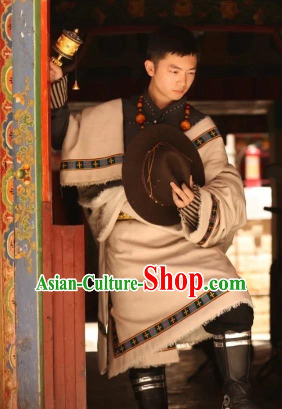 Chinese Xizang Ethnic Minority Beige Tibetan Robe Traditional Zang Nationality Folk Dance Costumes