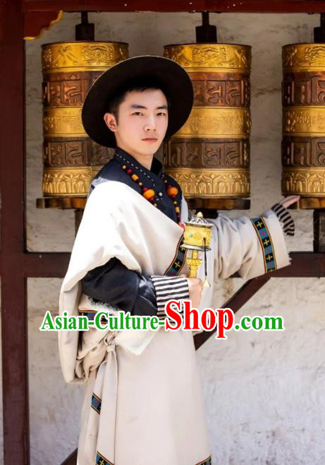 Chinese Xizang Ethnic Minority Beige Tibetan Robe Traditional Zang Nationality Folk Dance Costumes