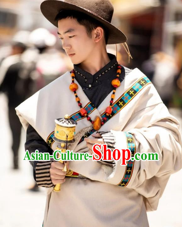 Chinese Xizang Ethnic Minority Beige Tibetan Robe Traditional Zang Nationality Folk Dance Costumes