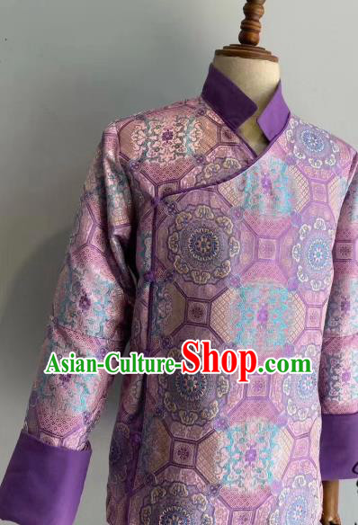 Chinese Zang Nationality Folk Dance Costume Tibetan Stage Performance Purple Brocade Jacket