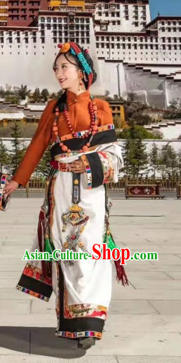 China Traditional Xizang Tibetan Minority Stage Performance Costume Zang Nationality Dance White Robe Clothing