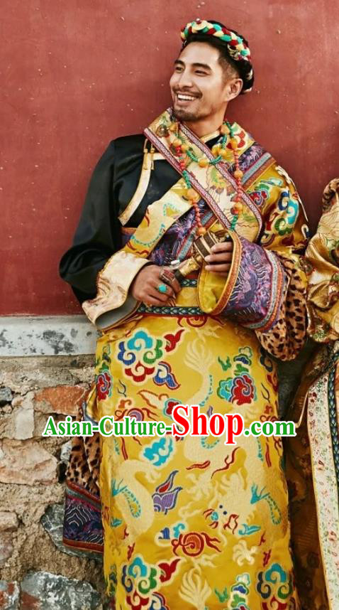 Chinese Xizang Ethnic Minority Golden Brocade Tibetan Robe Traditional Zang Nationality Male Costumes