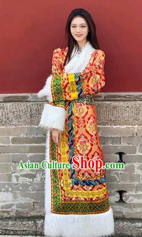 China Zang Nationality Wedding Red Brocade Robe Traditional Xizang Tibetan Minority Bride Clothing