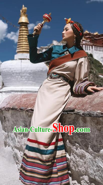 China Zang Nationality Female Blouse and Beige Robe Traditional Xizang Tibetan Minority Folk Dance Clothing