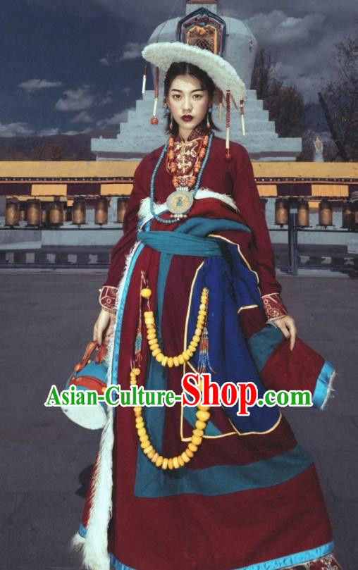 China Zang Nationality Dark Red Woolen Robe Traditional Xizang Tibetan Minority Wedding Bride Clothing