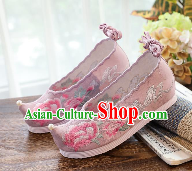 China Traditional Ming Dynasty Princess Shoes Handmade Pink Cloth Shoes National Embroidered Peony Hanfu Shoes
