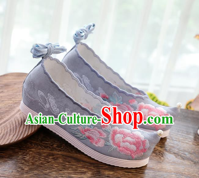 China National Embroidered Peony Hanfu Shoes Traditional Ming Dynasty Princess Shoes Handmade Grey Cloth Shoes