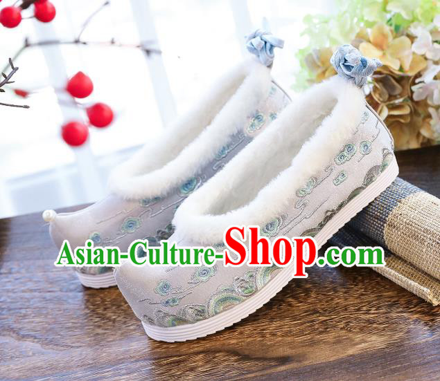 China Handmade Ancient Princess Shoes National Embroidered Grey Cloth Shoes Traditional Winter Hanfu Shoes