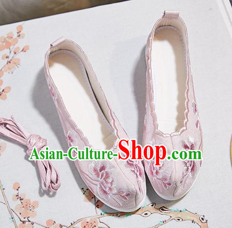 China National Embroidered Flowers Shoes Traditional Ming Dynasty Hanfu Shoes Handmade Princess Pink Cloth Shoes