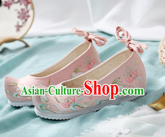 China Traditional Ming Dynasty Hanfu Shoes Handmade Princess Pink Cloth Shoes National Embroidered Rabbit Shoes