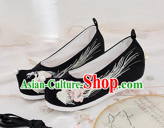 China Handmade Princess Pearl Shoes National Embroidered Phoenix Black Cloth Shoes Traditional Hanfu Bow Shoes