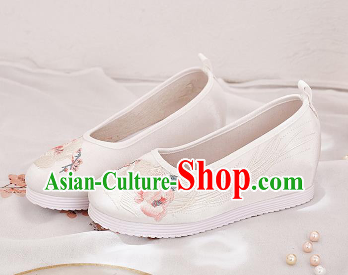 China Traditional Hanfu White Satin Shoes Handmade Ancient Princess Shoes National Embroidered Phoenix Shoes