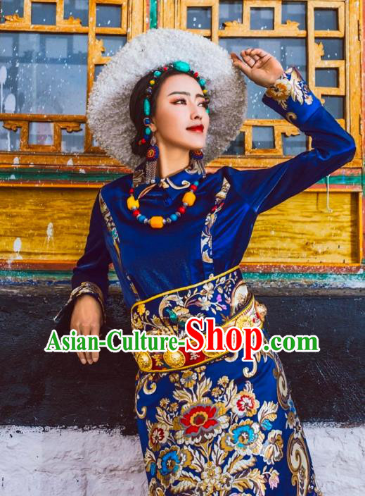 China Zang Nationality Stage Performance Clothing Traditional Xizang Tibetan Minority Wedding Bride Royalblue Brocade Robe