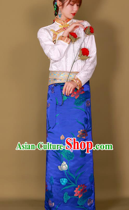 Chinese Zang Nationality Heishui Dance Royalblue Brocade Skirt Tibetan Folk Dance Woman Clothing