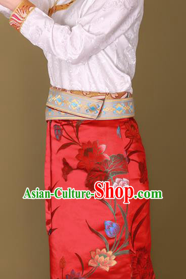 Chinese Tibetan Ethnic Heishui Dance Clothing Zang Nationality Woman Red Brocade Skirt