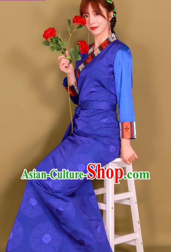 China Zang Nationality Young Lady Clothing Traditional Xizang Minority Royalblue Bola Dress