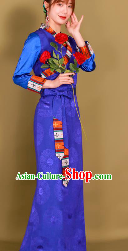 China Zang Nationality Young Lady Clothing Traditional Xizang Minority Royalblue Bola Dress