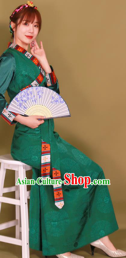 China Zang Nationality Folk Dance Clothing Traditional Xizang Tibetan Minority Heishui Dance Green Bola Dress