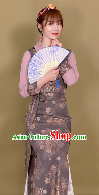 China Zang Nationality Folk Dance Grey Dress Clothing Traditional Xizang Tibetan Minority Heishui Dance Bola Clothing