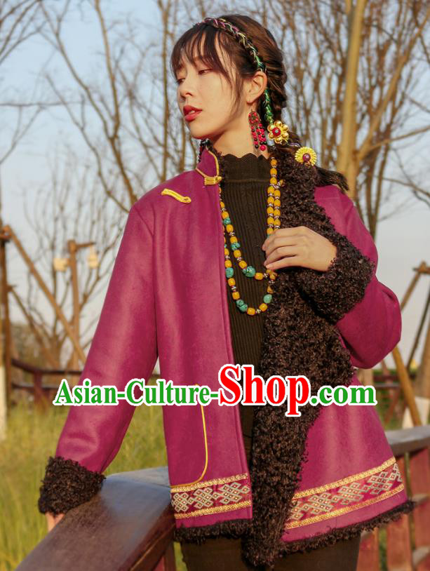 Chinese Tibetan Ethnic Winter Outer Garment Clothing Zang Nationality Woman Wine Red Brushed Jacket
