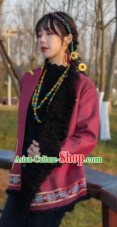 Chinese Tibetan Ethnic Winter Outer Garment Clothing Zang Nationality Woman Wine Red Brushed Jacket