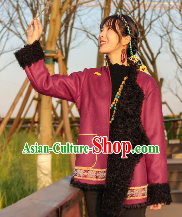 Chinese Tibetan Ethnic Winter Outer Garment Clothing Zang Nationality Woman Wine Red Brushed Jacket