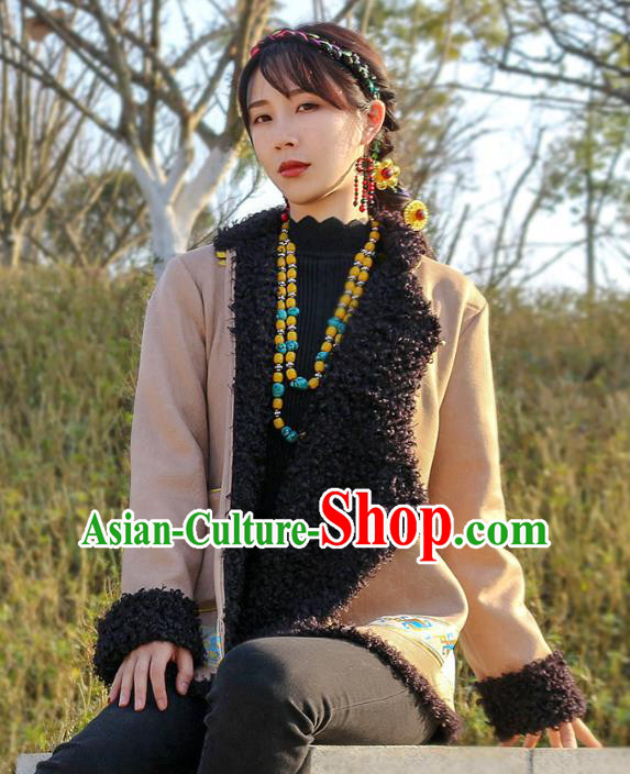 Chinese Zang Nationality Woman Khaki Brushed Jacket Tibetan Ethnic Winter Outer Garment Clothing