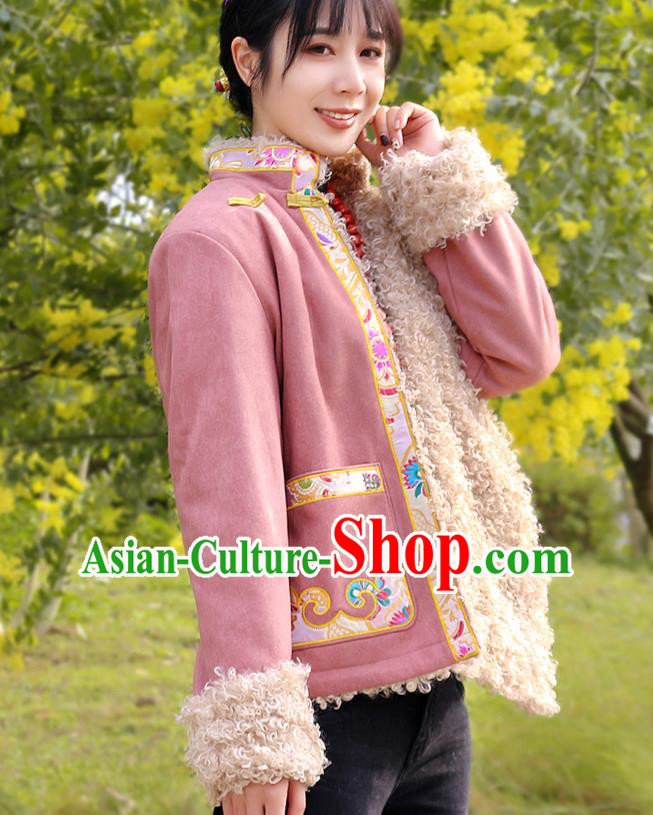 Chinese Zang Nationality Winter Embroidered Pink Jacket Traditional Tibetan Ethnic Female Outer Garment Clothing