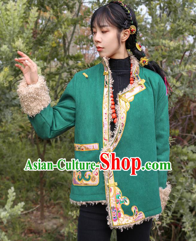 Chinese Zang Nationality Embroidered Green Jacket Clothing Traditional Tibetan Ethnic Winter Outer Garment