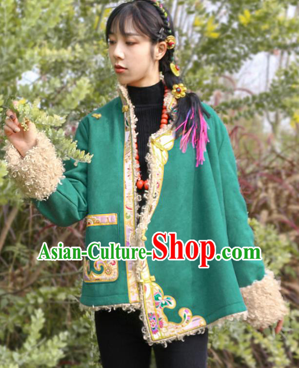 Chinese Zang Nationality Embroidered Green Jacket Clothing Traditional Tibetan Ethnic Winter Outer Garment