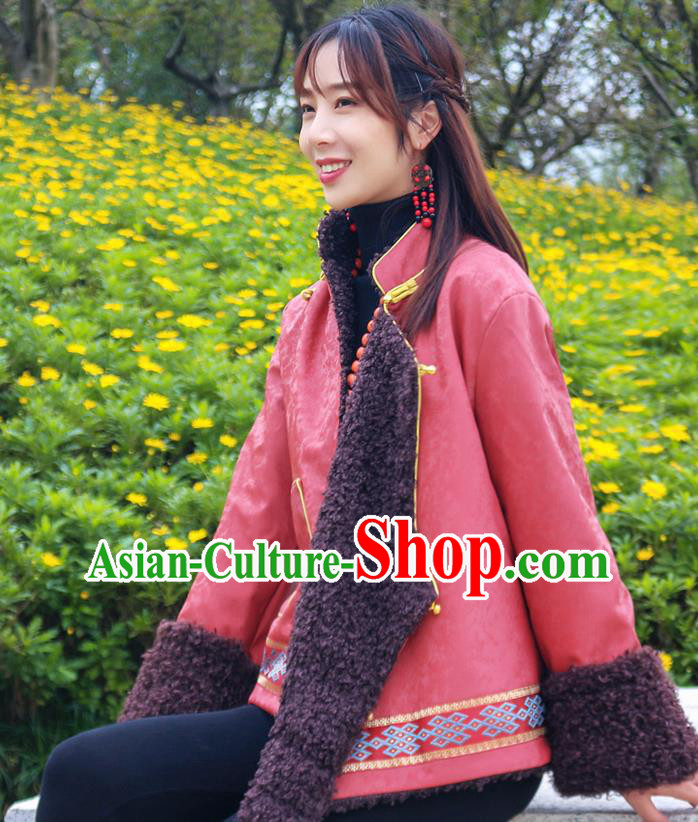 Chinese Traditional Tibetan Ethnic Lamb Wool Outer Garment Clothing Zang Nationality Watermelon Red Leather Jacket