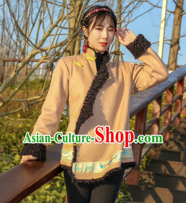 Chinese Traditional Winter Lamb Wool Outer Garment Tibetan Ethnic Khaki Leather Jacket Zang Nationality Clothing