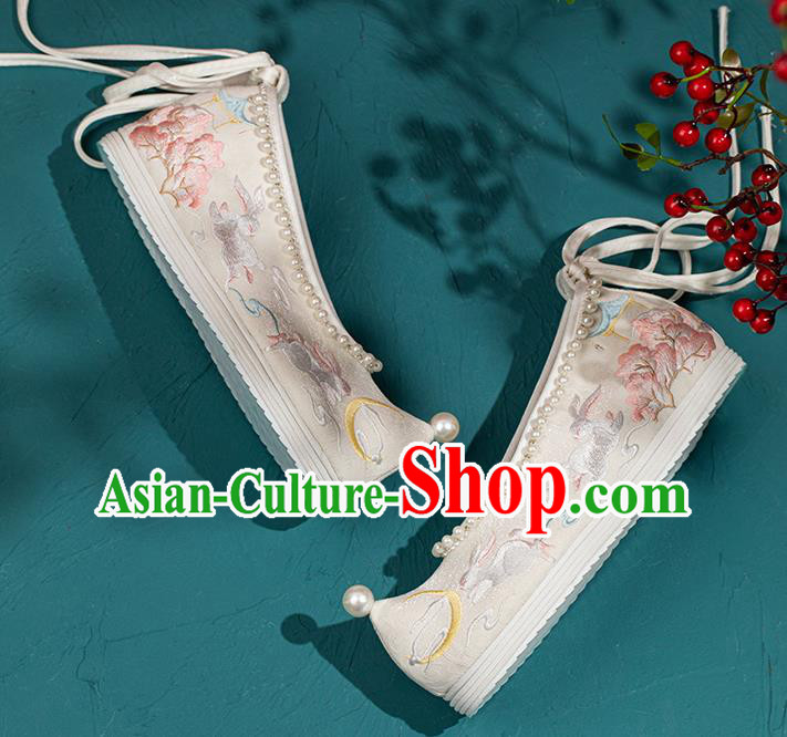 China Traditional Ming Dynasty Princess Shoes Handmade Hanfu Bow Shoes Embroidered Rabbits Pearls Shoes