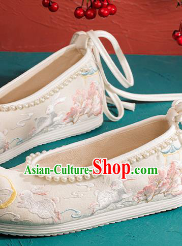 China Traditional Ming Dynasty Princess Shoes Handmade Hanfu Bow Shoes Embroidered Rabbits Pearls Shoes