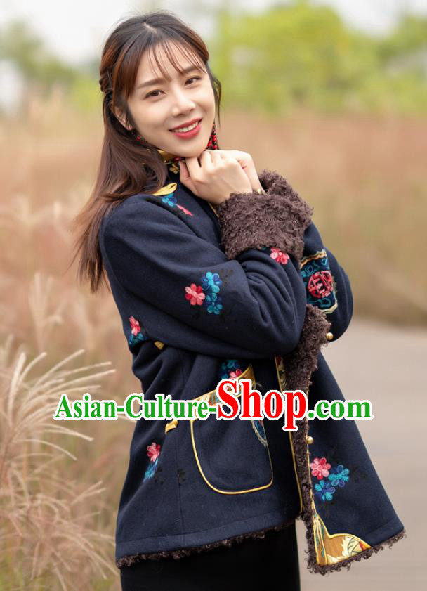 Chinese Traditional Zang Nationality Winter Clothing Lamb Wool Outer Garment Tibetan Ethnic Embroidered Navy Jacket