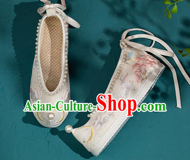 China Traditional Ming Dynasty Princess Shoes Handmade Hanfu Bow Shoes Embroidered Rabbits Pearls Shoes