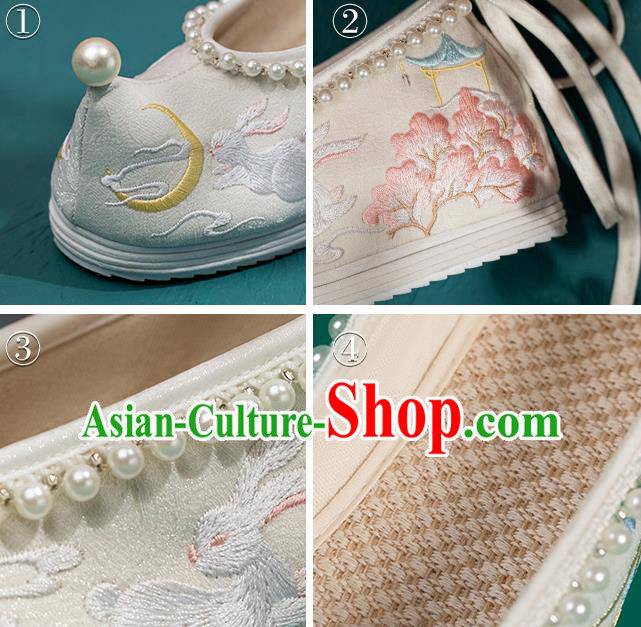 China Traditional Ming Dynasty Princess Shoes Handmade Hanfu Bow Shoes Embroidered Rabbits Pearls Shoes