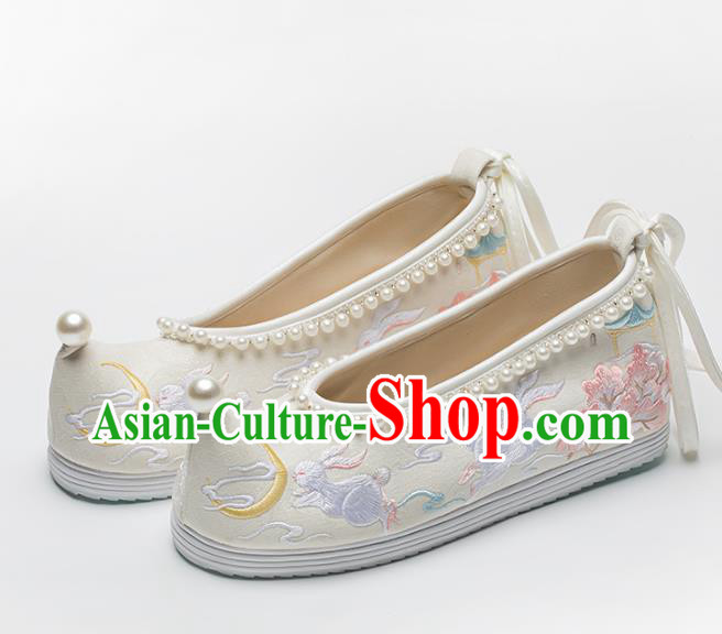 China Traditional Ming Dynasty Princess Shoes Handmade Hanfu Bow Shoes Embroidered Rabbits Pearls Shoes