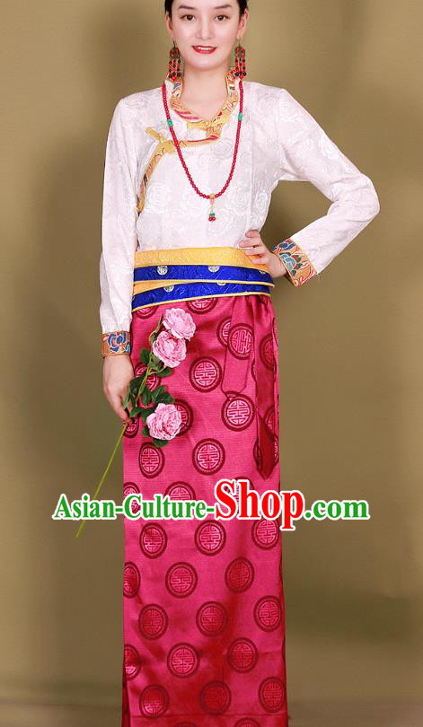 Chinese Traditional Zang Nationality Heishui Dance Clothing Tibetan Ethnic Rosy Brocade Skirt