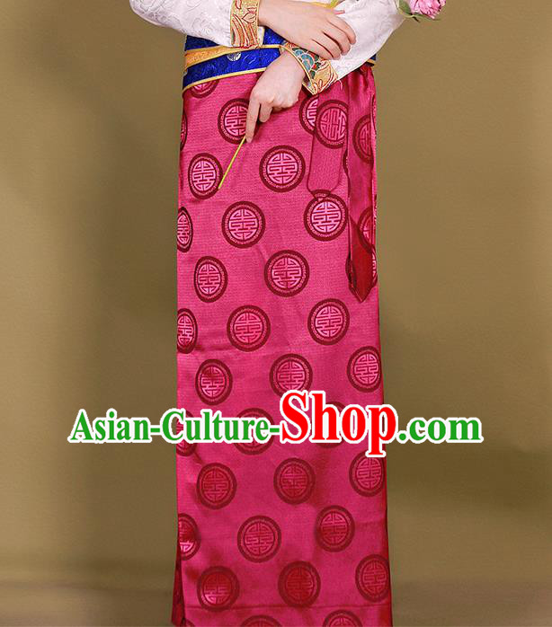 Chinese Traditional Zang Nationality Heishui Dance Clothing Tibetan Ethnic Rosy Brocade Skirt