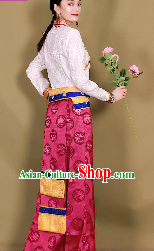 Chinese Traditional Zang Nationality Heishui Dance Clothing Tibetan Ethnic Rosy Brocade Skirt