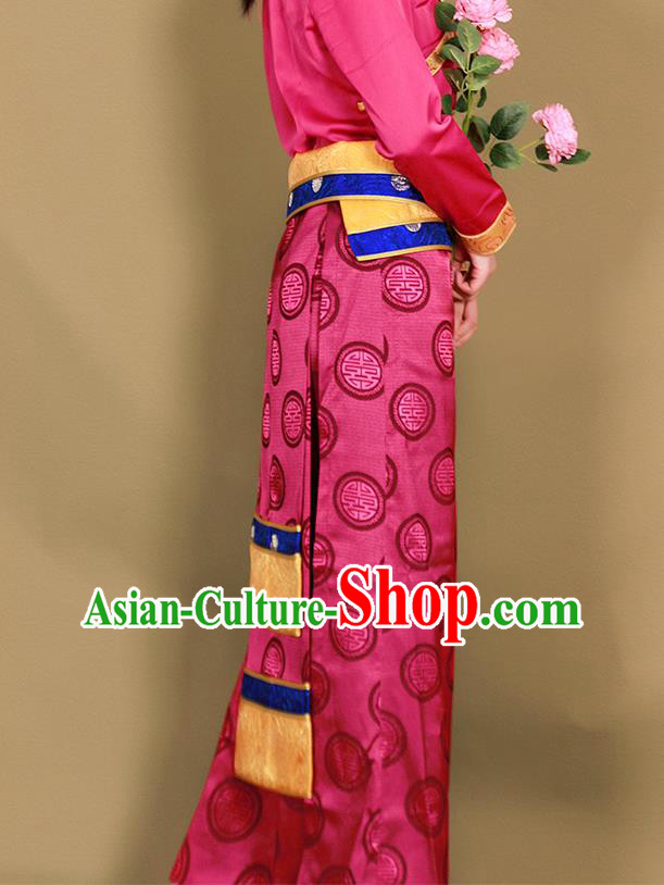Chinese Traditional Zang Nationality Heishui Dance Clothing Tibetan Ethnic Rosy Brocade Skirt