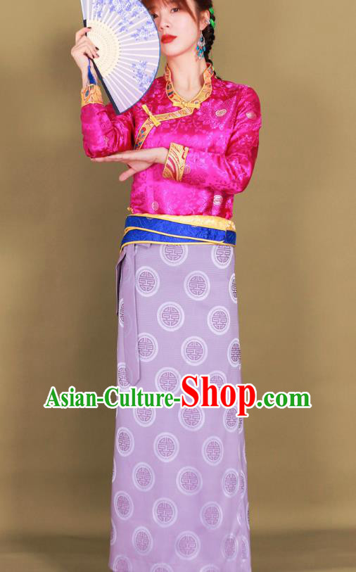Chinese Tibetan Ethnic Lilac Brocade Skirt Traditional Zang Nationality Heishui Dance Clothing