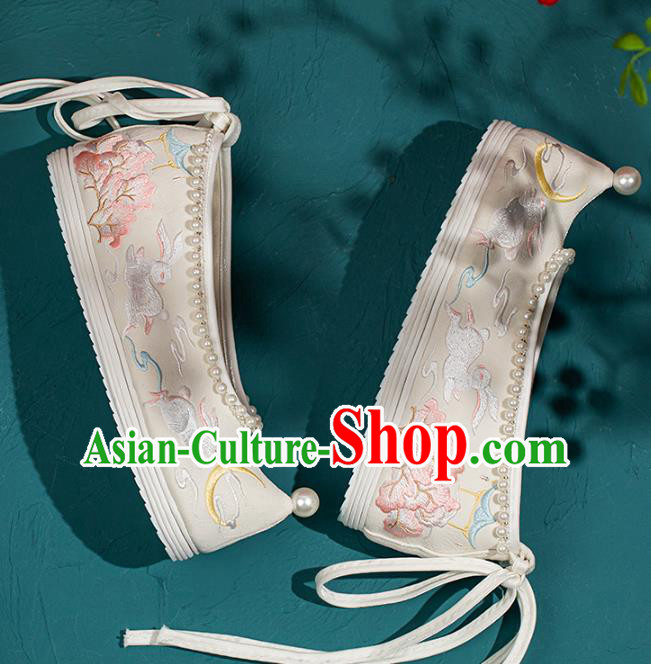 China Traditional Ming Dynasty Princess Shoes Handmade Hanfu Bow Shoes Embroidered Rabbits Pearls Shoes