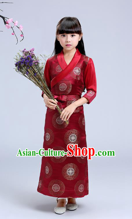 Chinese Xizang Ethnic Minority Girl Wine Red Brocade Dress Traditional Zang Nationality Children Costumes