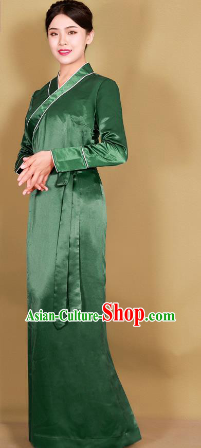 China Traditional Zang Nationality Kangba Stage Performance Clothing Tibetan Ethnic Woman Green Bola Dress