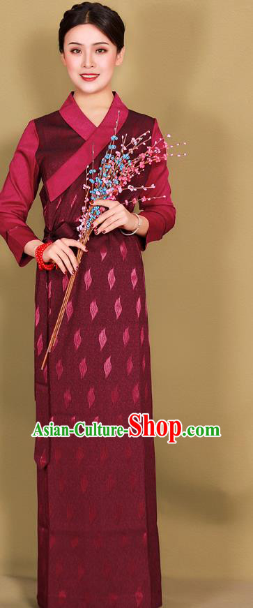 China Xizang Tibetan Ethnic Wine Red Bola Dress Clothing Traditional Zang Minority Woman Costume