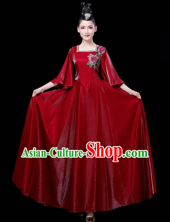 China Woman Chorus Wine Red Dress Spring Festival Gala Opening Dance Modern Dance Clothing